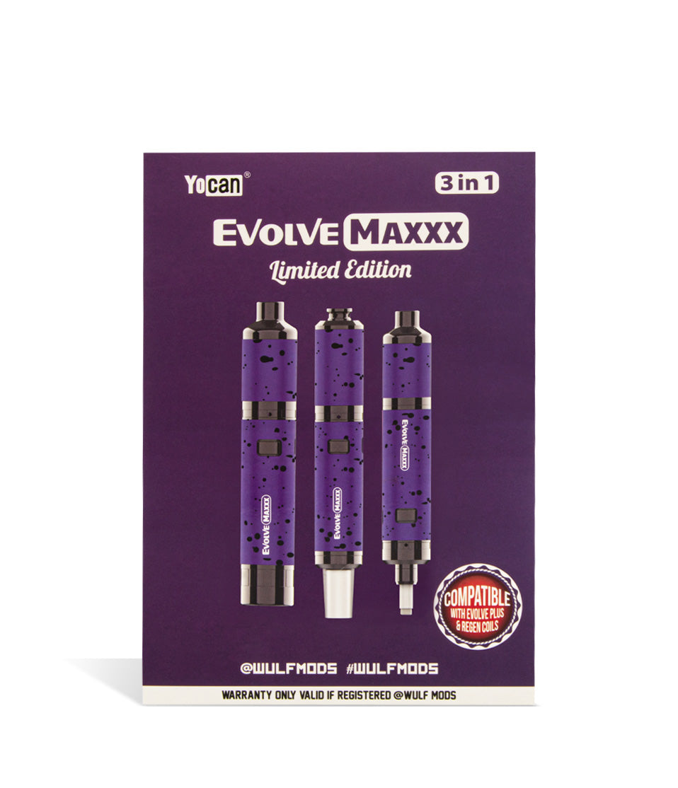 Purple Black Spatter Wulf Mods Evolve Maxxx 3 in 1 Kit packaging on white background