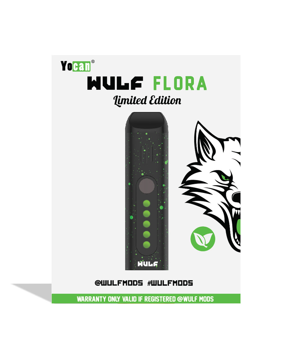 Black Green Spatter packaging Wulf Mods Flora Portable Dry Herb Vaporizer on white background