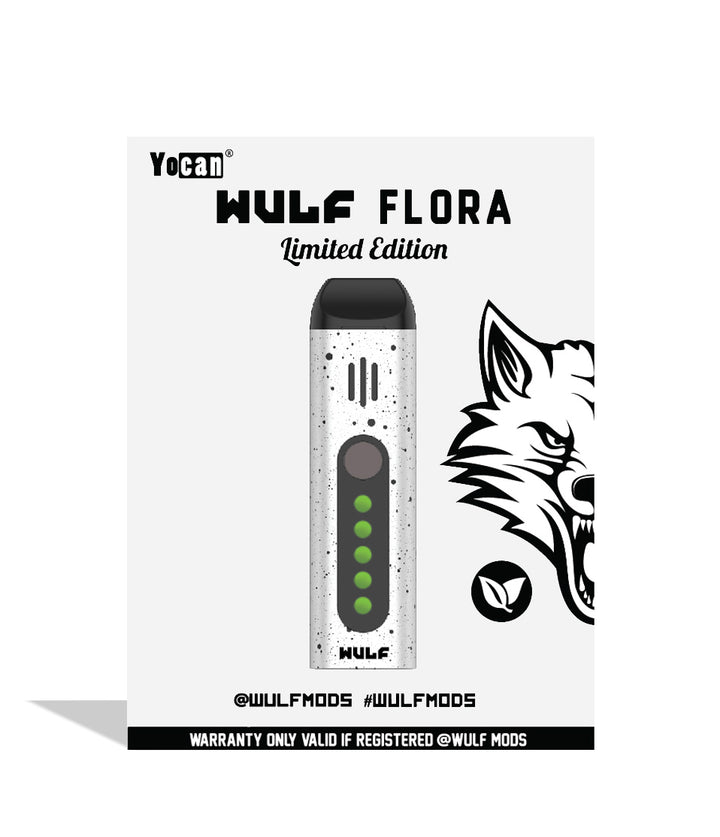 White Black Spatter packaging Wulf Mods Flora Portable Dry Herb Vaporizer on white background