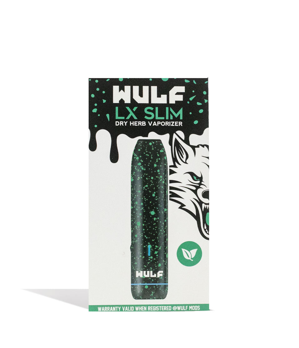 Black Green Spatter packaging Wulf Mods LX Slim Portable Dry Herb Vaporizer on white background