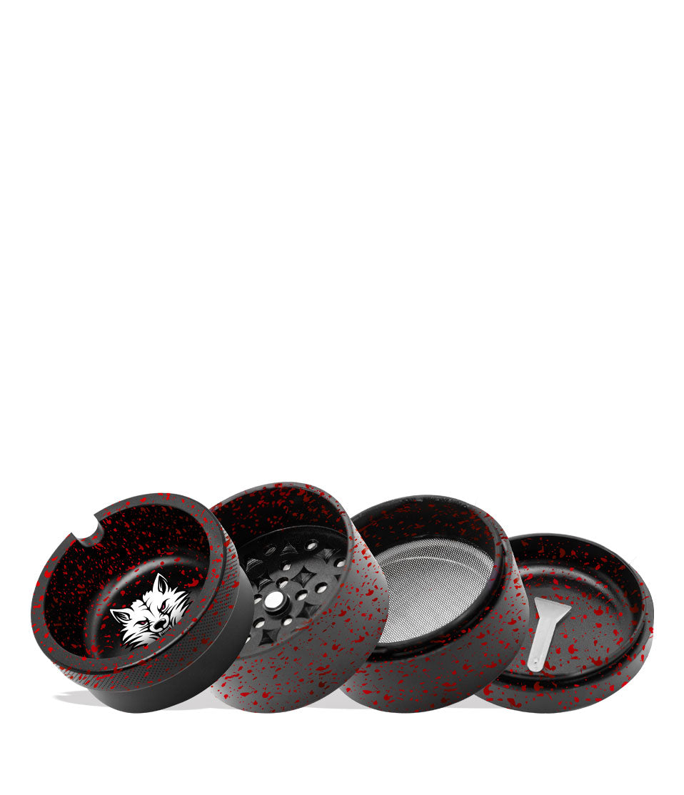 Black Red Spatter Wulf Mods 4pc 65mm Bevel Grinder Apart View on White Background