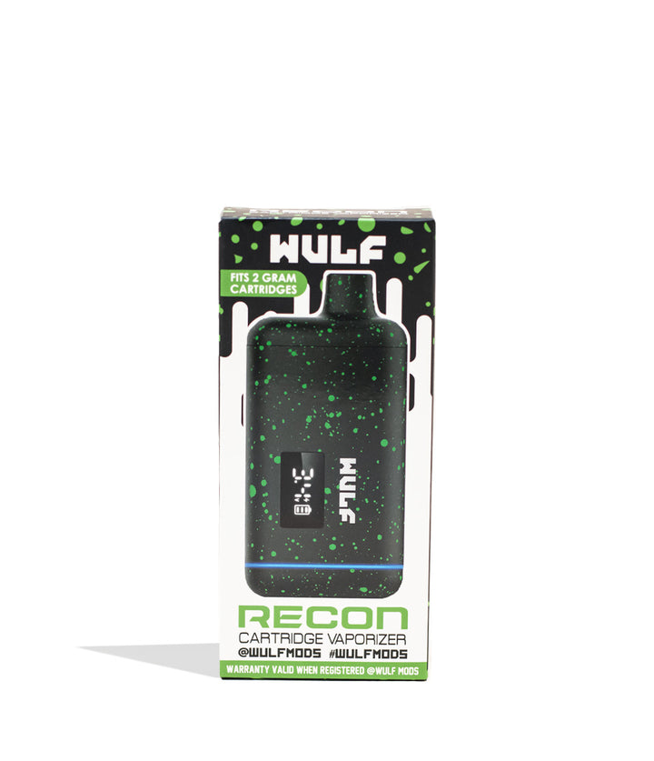 Black Green Spatter Wulf Mods Recon Cartridge Vaporizer Packaging Front View on White Background