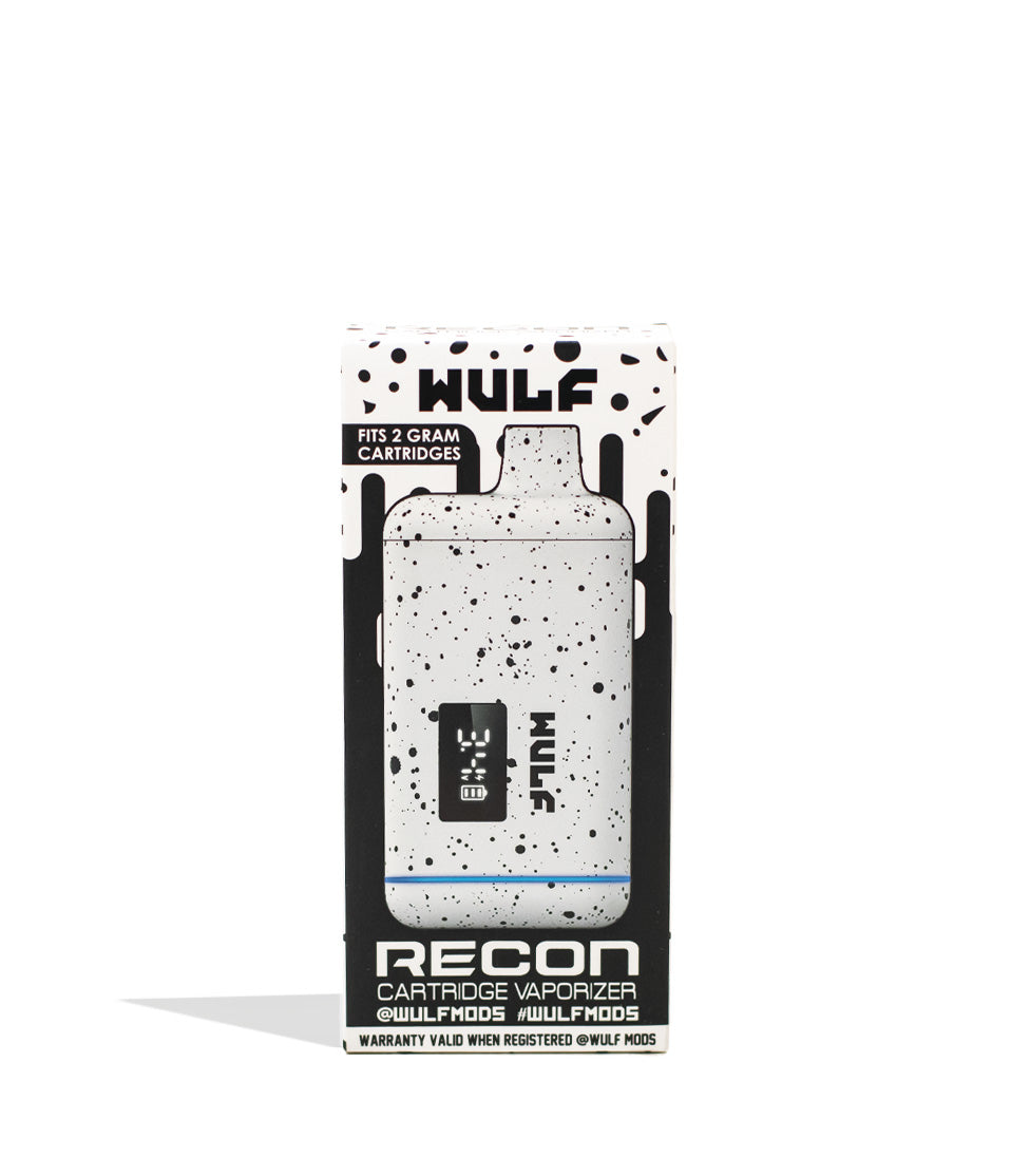 White Black Spatter Wulf Mods Recon Cartridge Vaporizer Packaging Front View on White Background