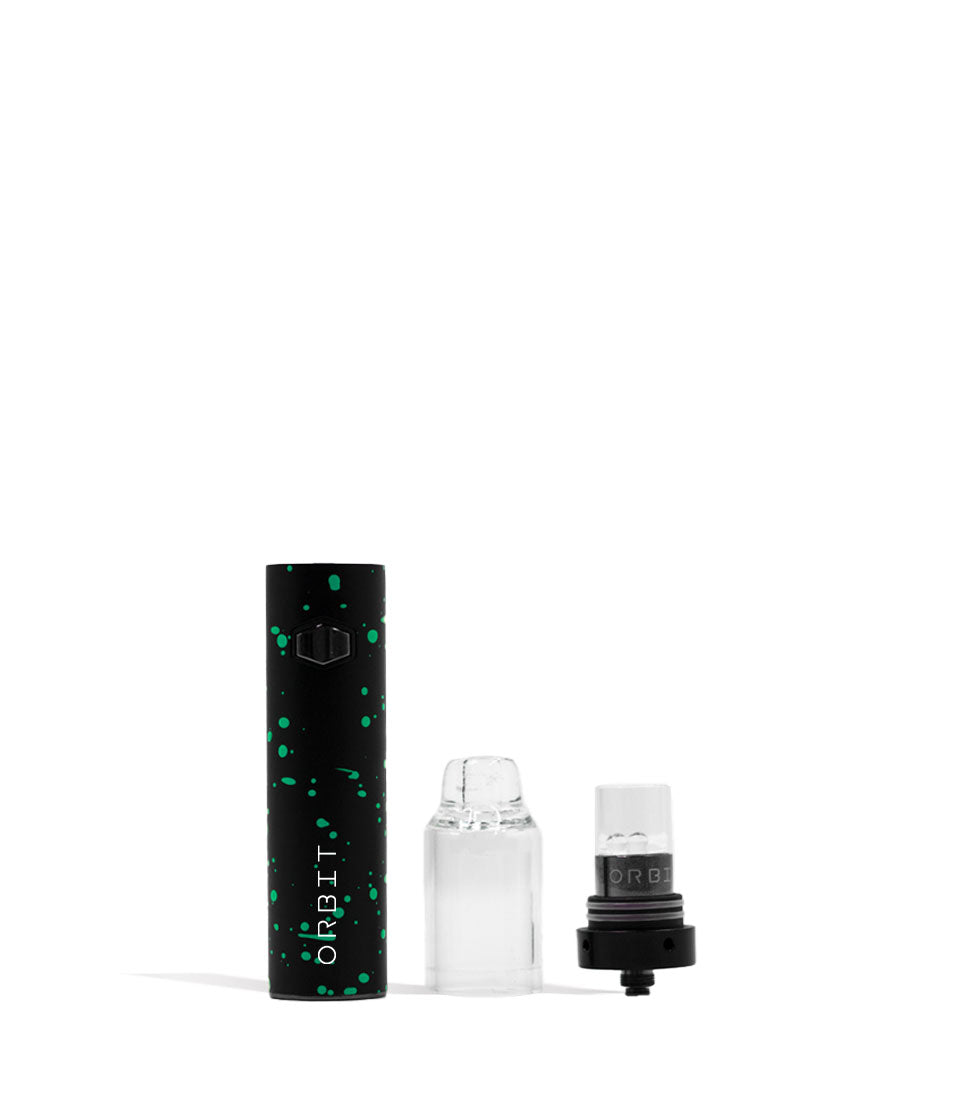 Black Green Spatter apart Wulf Mods Orbit Concentrate Vaporizer on white background