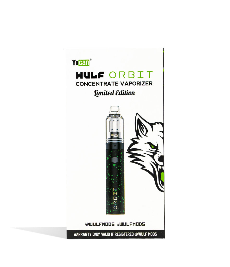 Black Green Spatter packaging Wulf Mods Orbit Concentrate Vaporizer on white background