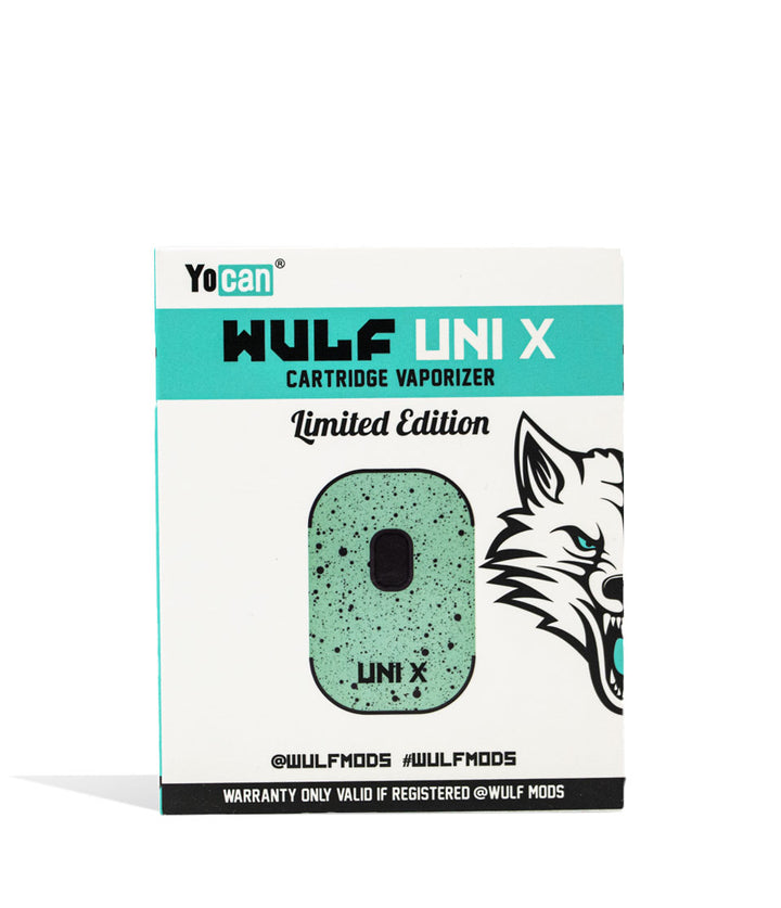 Teal Black Spatter packaging Wulf Mods UNI X Cartridge Vaporizer on white background